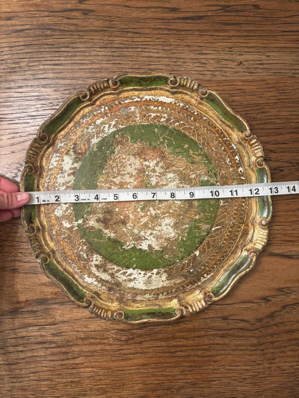 Vintage Italian Florentine Gilt Tray Green Gold Ornate Rococo Tole Style 13”